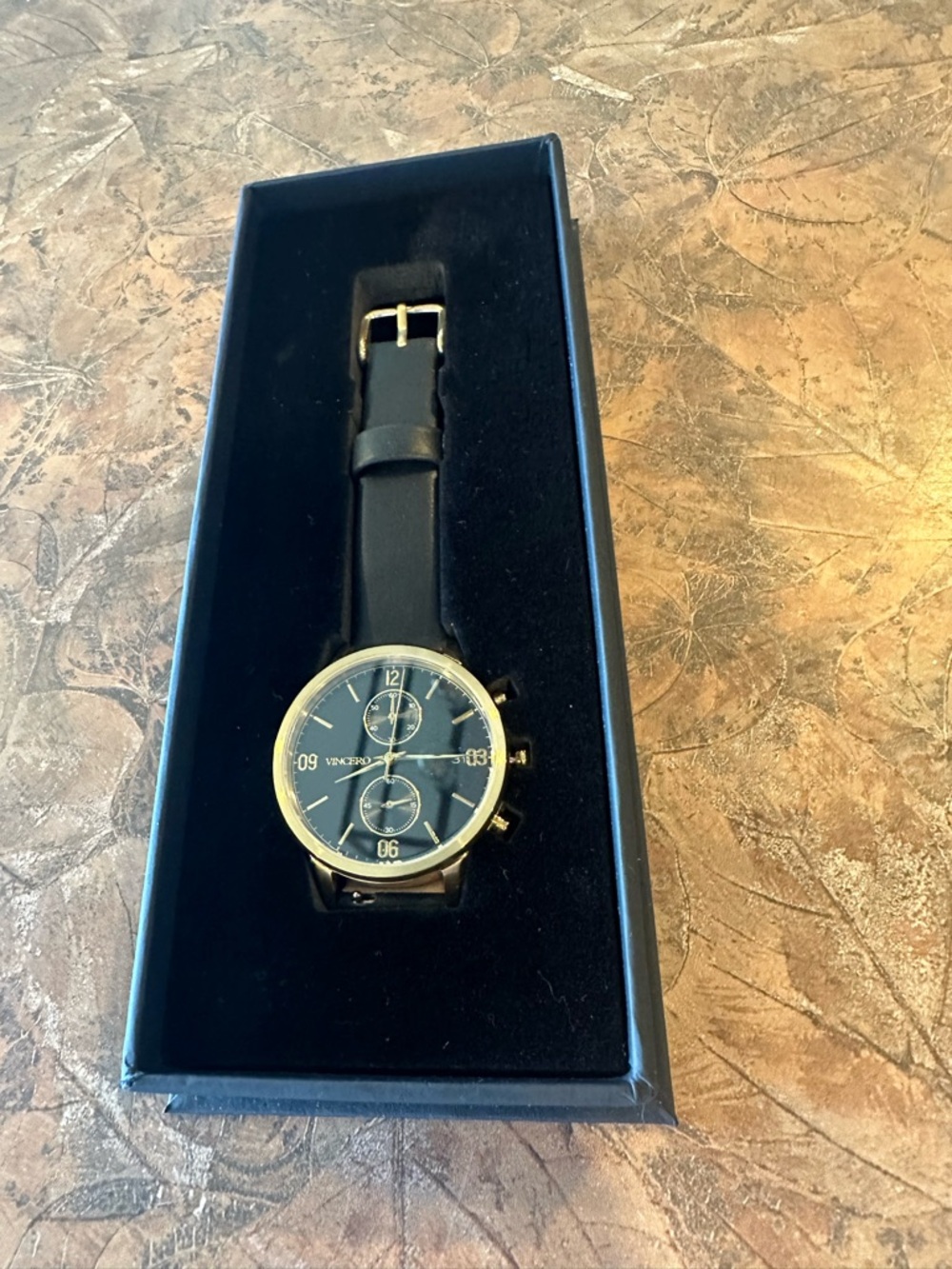 Vincero Gold and Black Chronograph Watch with Black Leather Strap New In Box